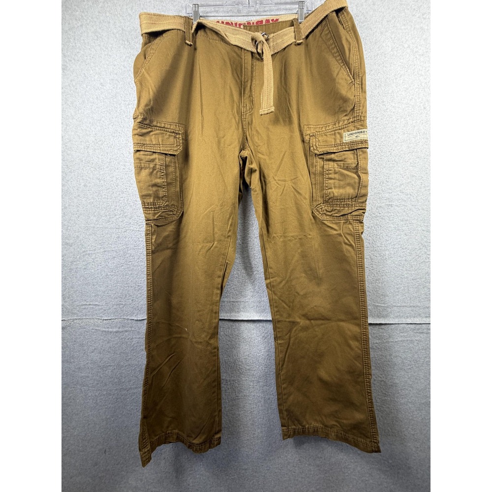 Unionbay Pants Mens 46x34 Brown Cargo Relaxed Fit Belted Canvas Workwear Casual